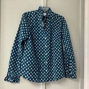 J. Crew Teal Button-Up Blouse with White Floral Print Size M